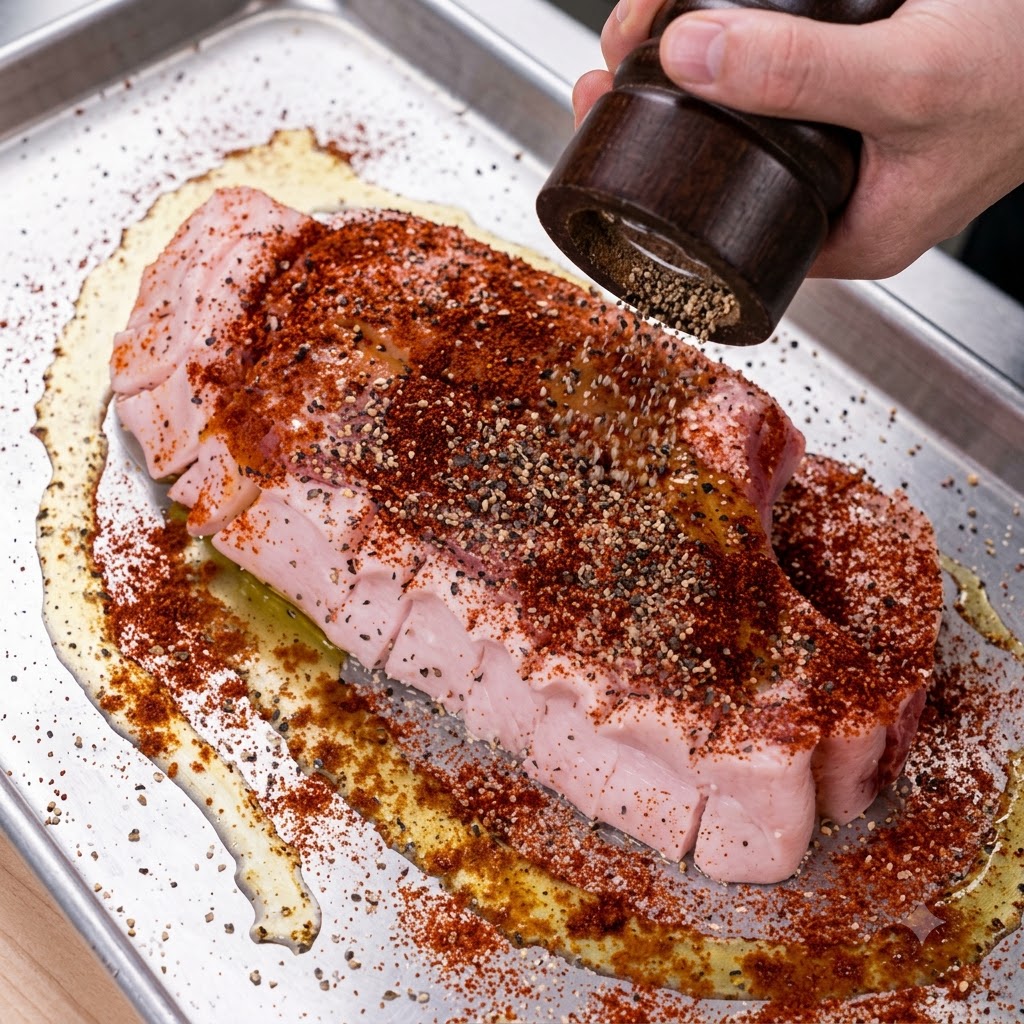 생고기 포크 찹 위에 올리브 오일, 훈제 파프리카, 칠리 파우더가 뿌려지는 모습.