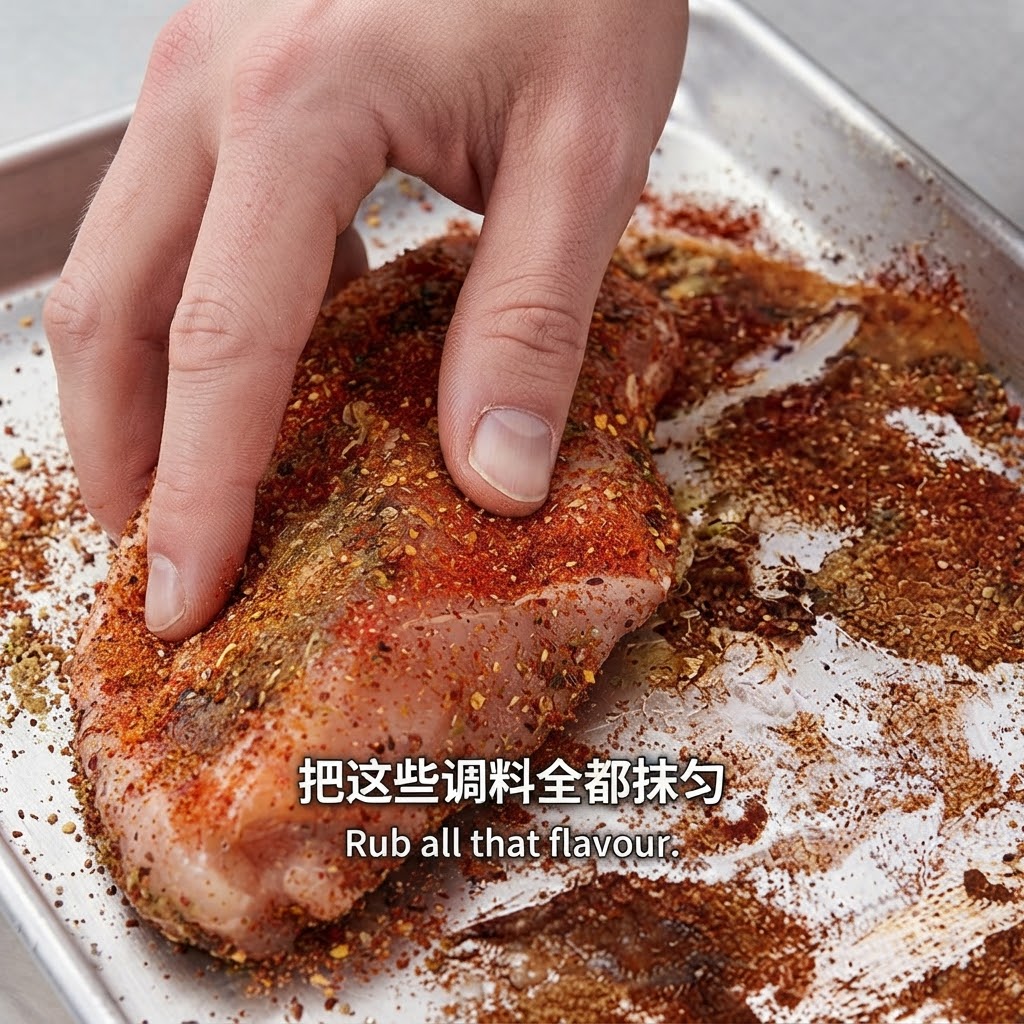 손으로 생고기 포크 찹에 향신료와 오일을 문질러 바르는 모습.