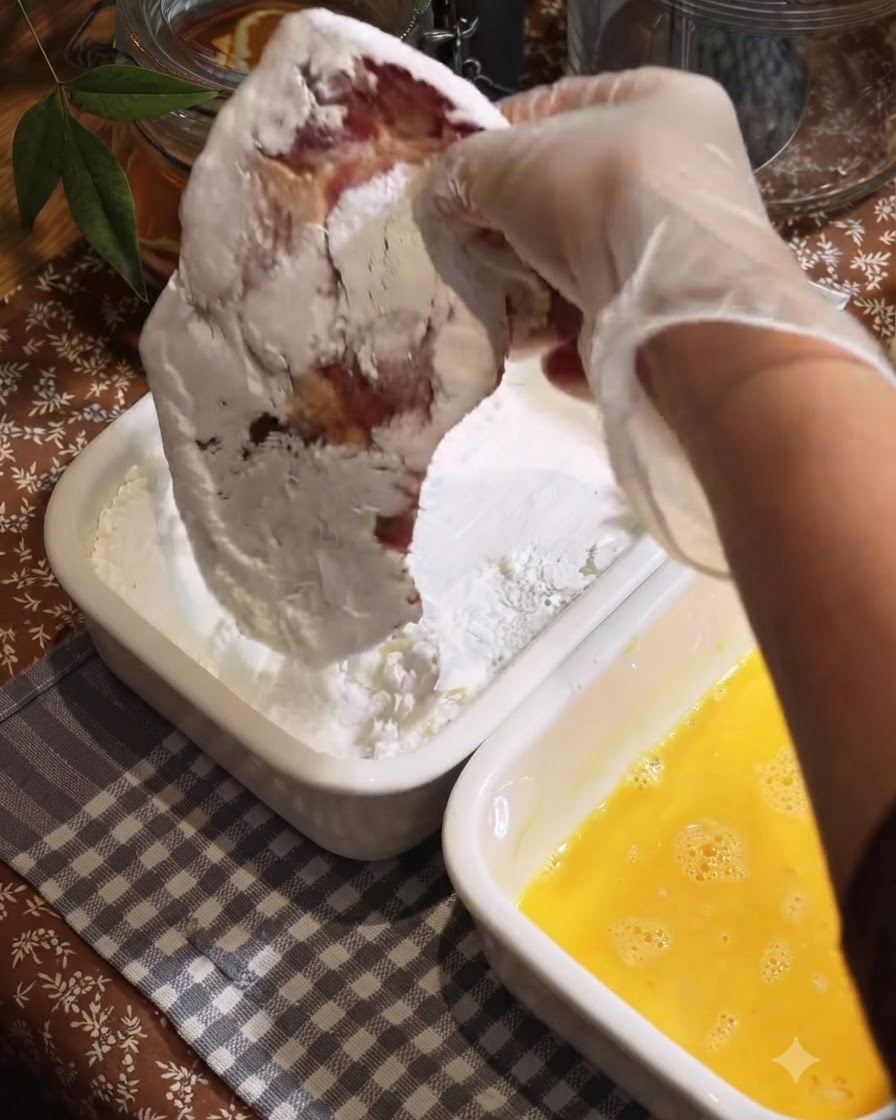 하얀 용기 트레이 안에서 마리네이드된 돈가스에 전분을 묻히고 있는 모습.