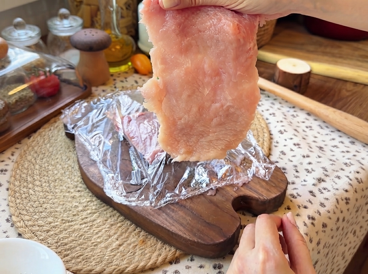 플라스틱 랩이 씌워진 채 나무 도마 위에서 들어 올려지는 얇게 펴진 돼지고기