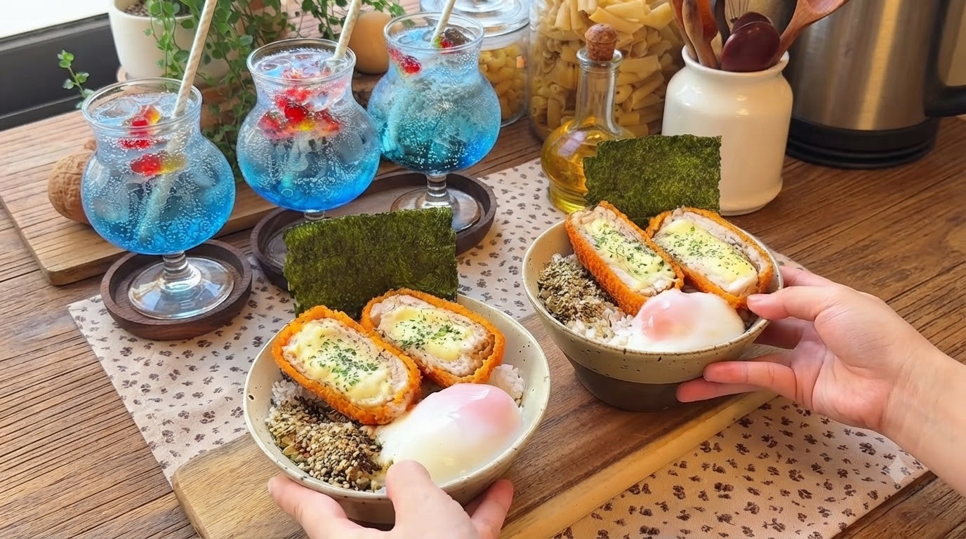 치즈 품은 포크 커틀릿 덮밥과 온천 계란, 골드바이블루 드링크