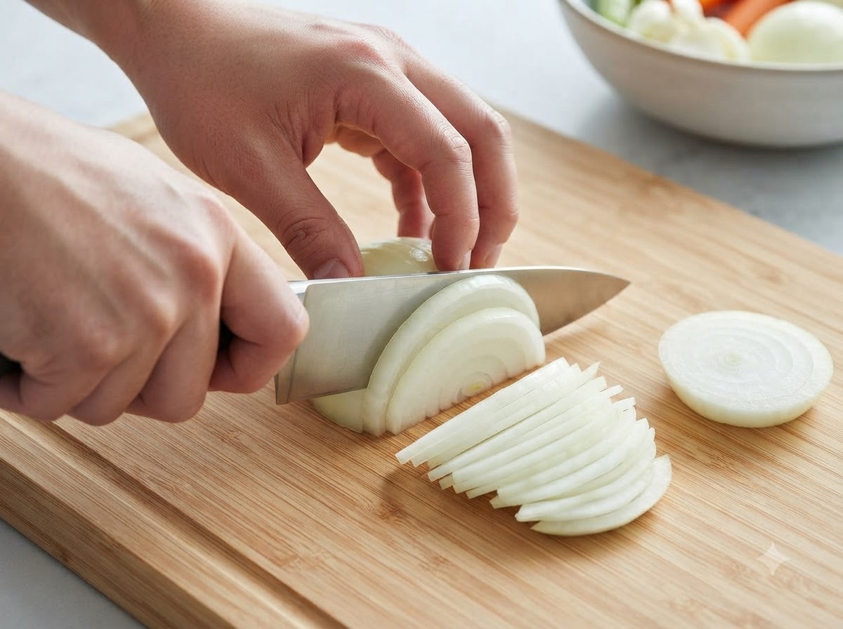 주방용 칼로 도마 위에서 당근을 불규칙한 크기로 난타쿠切り(돌려 깎기)하고 있는 모습.