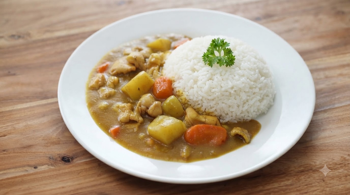 진한 황금빛 카레 소스가 부드러운 닭고기, 감자, 당근을 감싸고 있고 파슬리가 얹어진 밥 한 켠에 담긴 일식 치킨 카레라이스의 모습.