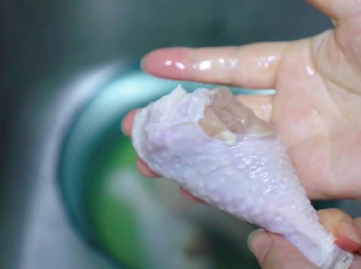 키친타월로 해동된 닭다리의 물기를 닦아내는 모습.