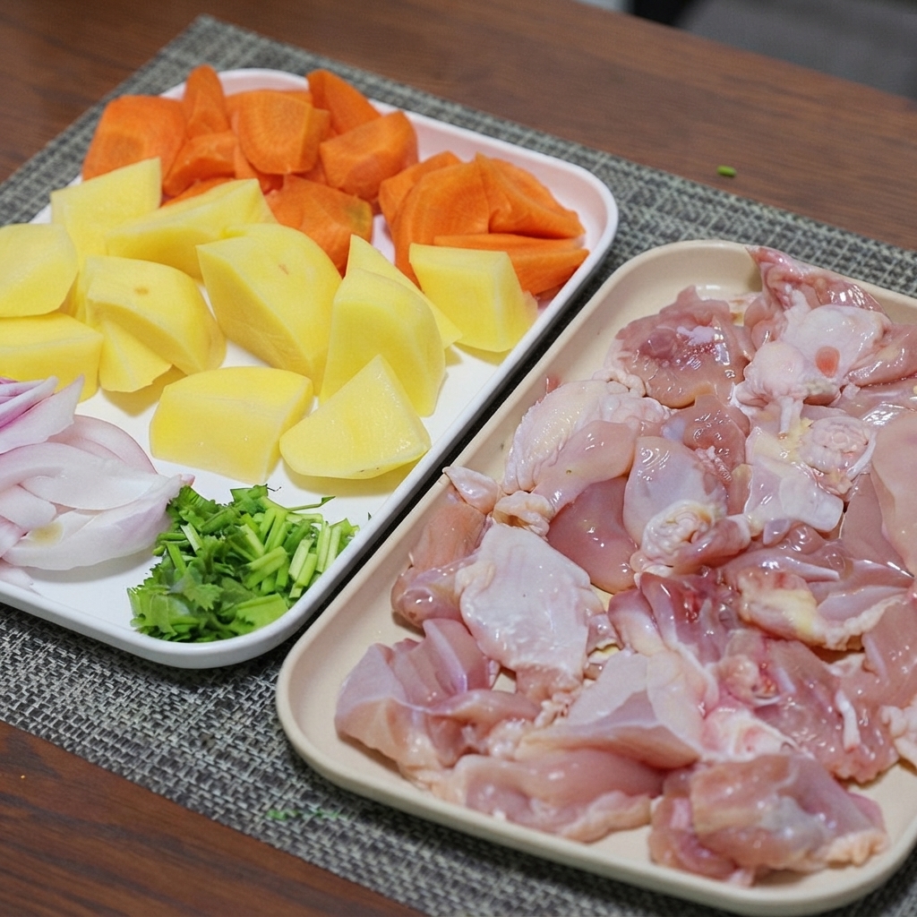 소금과 후추로 시즈닝된 닭고기 조각들이 트레이에 담겨 있는 모습.