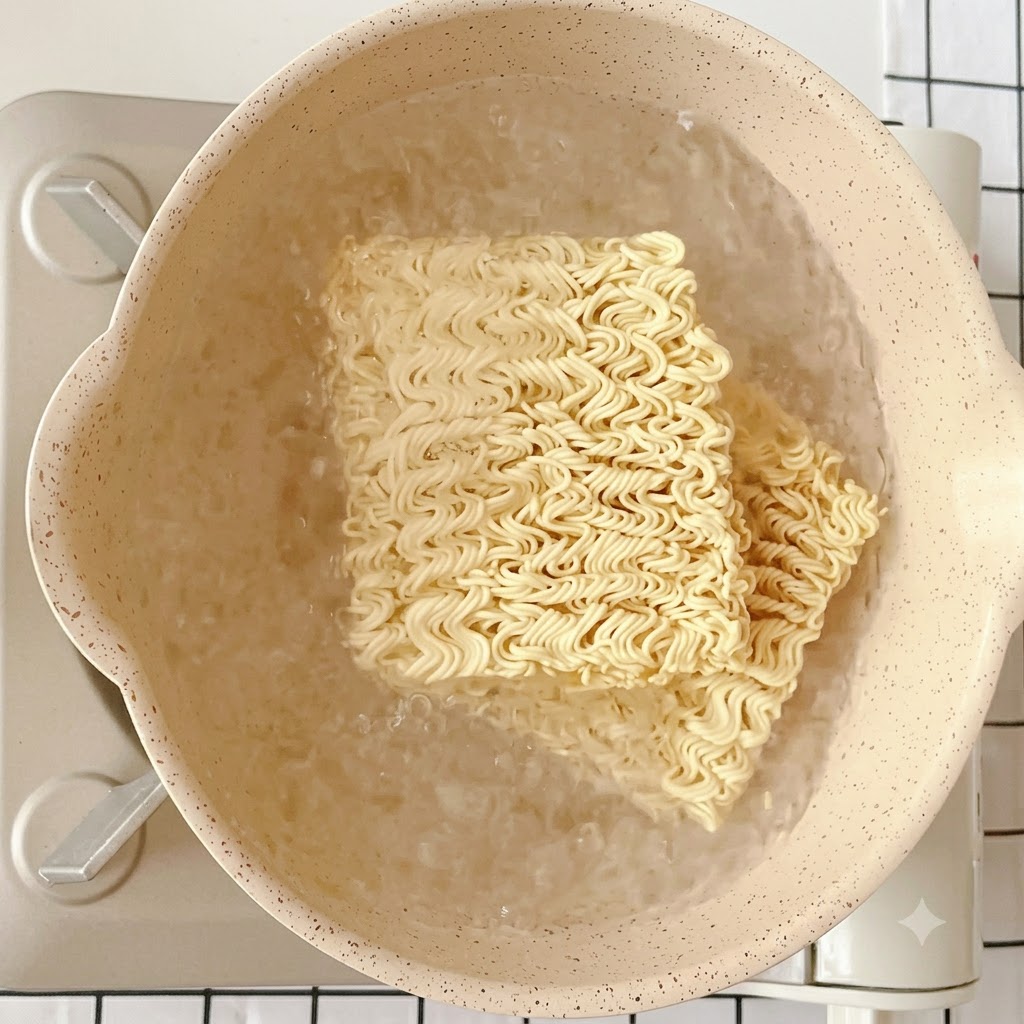 냄비 안의 끓는 물에 인스턴트 라면 두 블록이 담겨 있는 모습