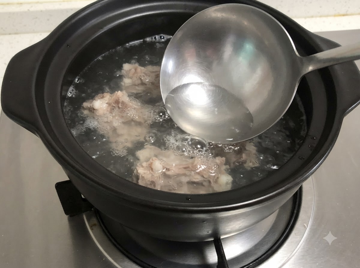 뚝배기에서 끓고 있는 돼지등뼈의 회색 거품을 국자로 건져내는 모습.