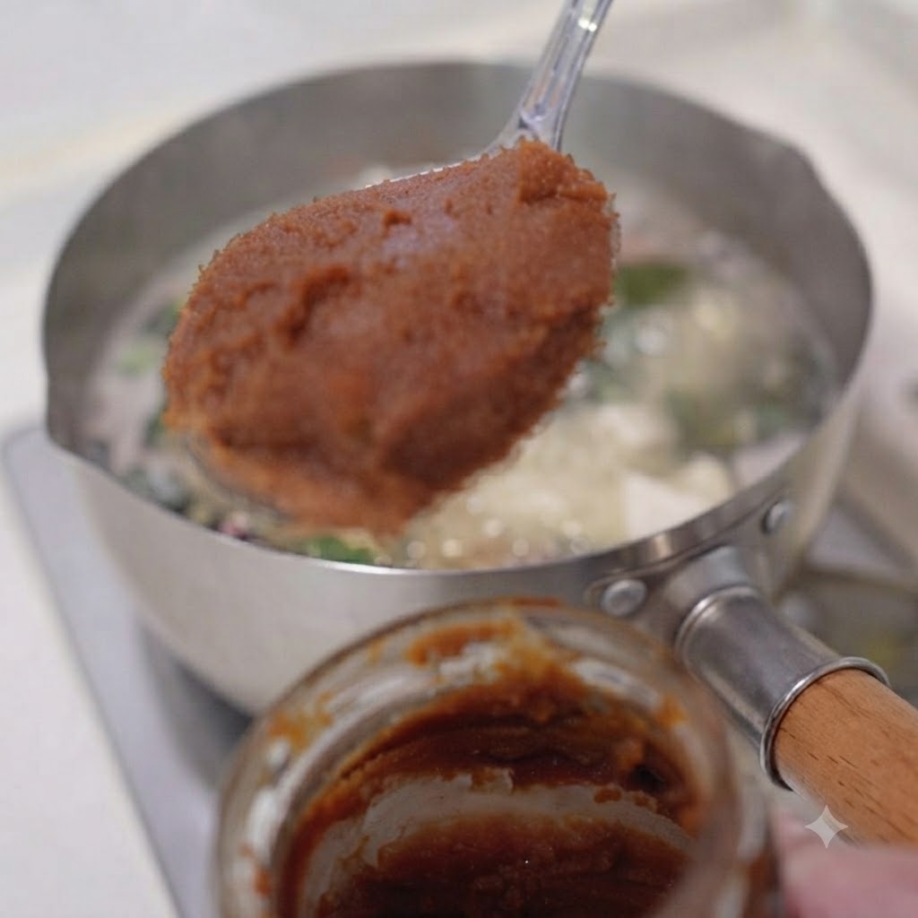 배경으로 수프가 끓고 있는 동안 된장 항아리 위로 갈색 된장 페이스트가 담긴 숟가락을 들어 올린 모습.