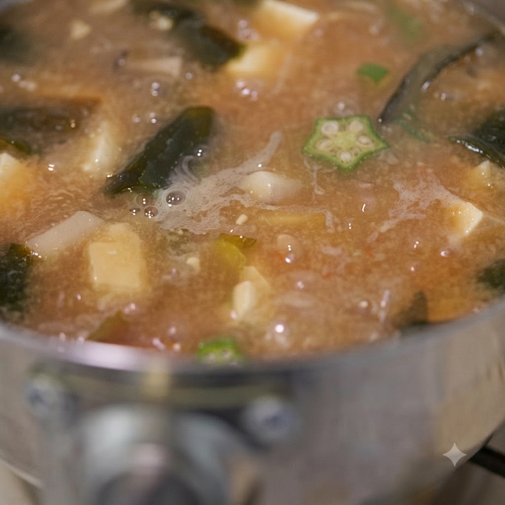 오크라 조각, 두부, 버섯이 눈에 띄는 오크라 된장국을 국자로 저어가며 끓이고 있는 클로즈업 샷.