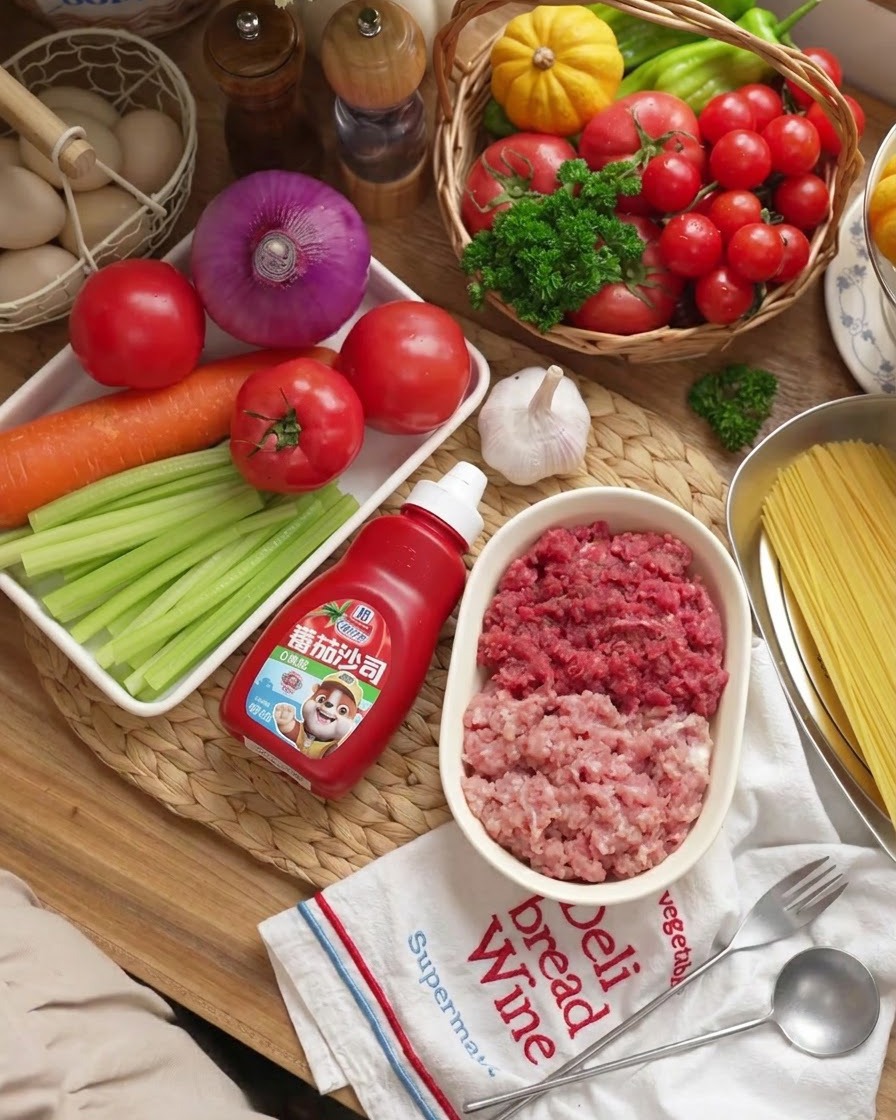 칼과 함께 나무 도마 위에 곱게 다져진 셀러리, 당근, 양파.