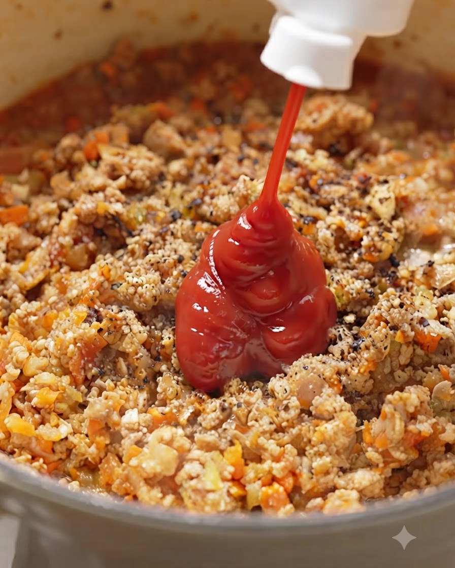 밑간한 고기 및 채소 혼합물에 케첩을 직접 짜 넣는 모습.