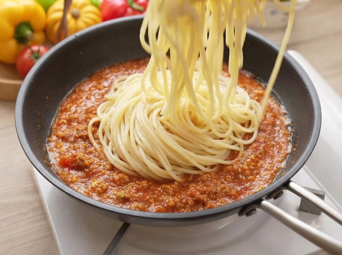 프라이팬 속 끓고 있는 토마토 미트소스에 스파게티 면을 넣고 집게로 섞는 모습.
