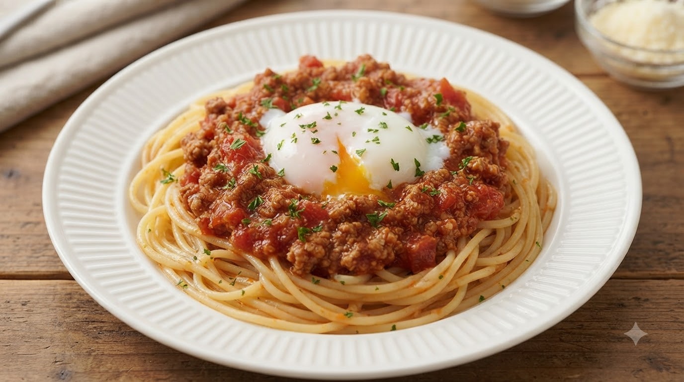 부드러운 달걀을 얹은 클래식 토마토 미트소스 스파게티