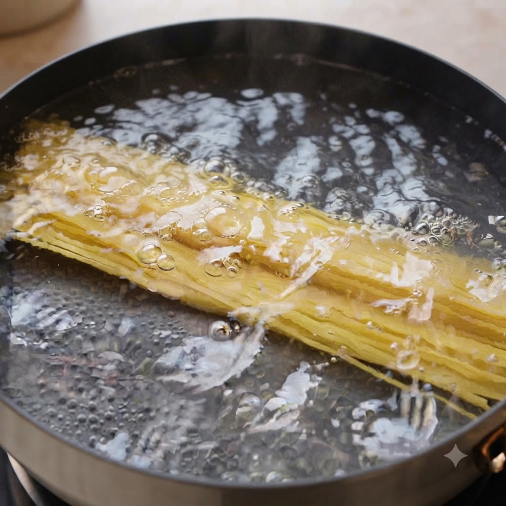 뜨겁고 부글부글 끓는 물속에 잠겨 삶아지는 건조 스파게티 면.