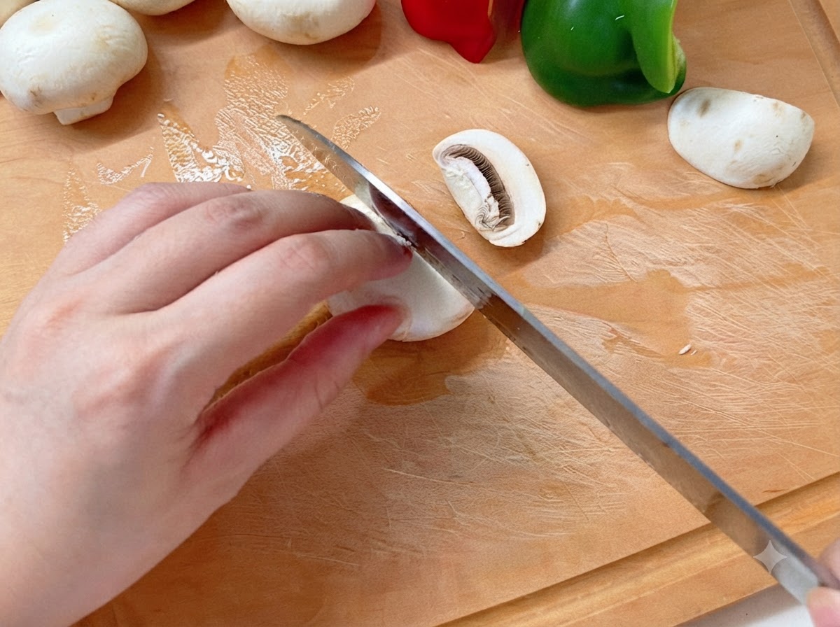 나무 도마 위에서 피망 옆에 있는 양송이버섯을 칼로 썰고 있는 손.