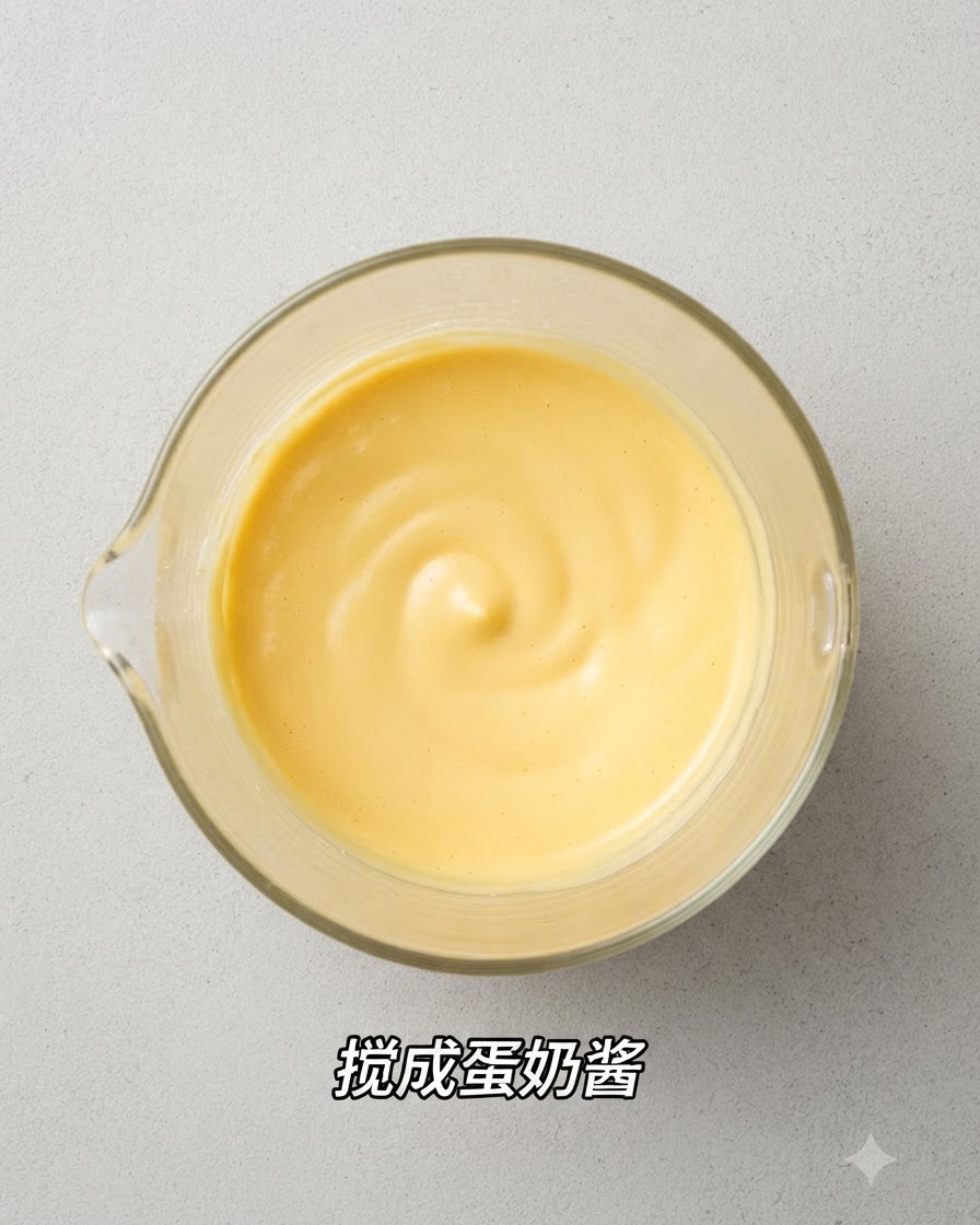유리 계량컵 안에 매끄럽고 진한 노란색의 달걀과 치즈 소스가 잘 섞여 있는 모습