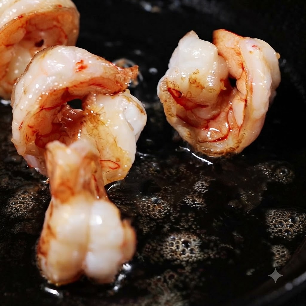 팬에 남은 돼지기름에 껍질 벗긴 새우가 튀겨지듯 구워지며 핑크빛과 황금빛으로 변하는 모습.