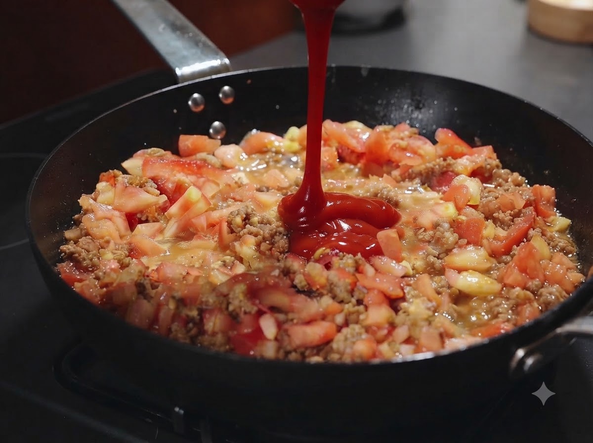 다진 토마토와 볶은 고기가 섞인 팬에 빨간 케첩을 붓는 모습.