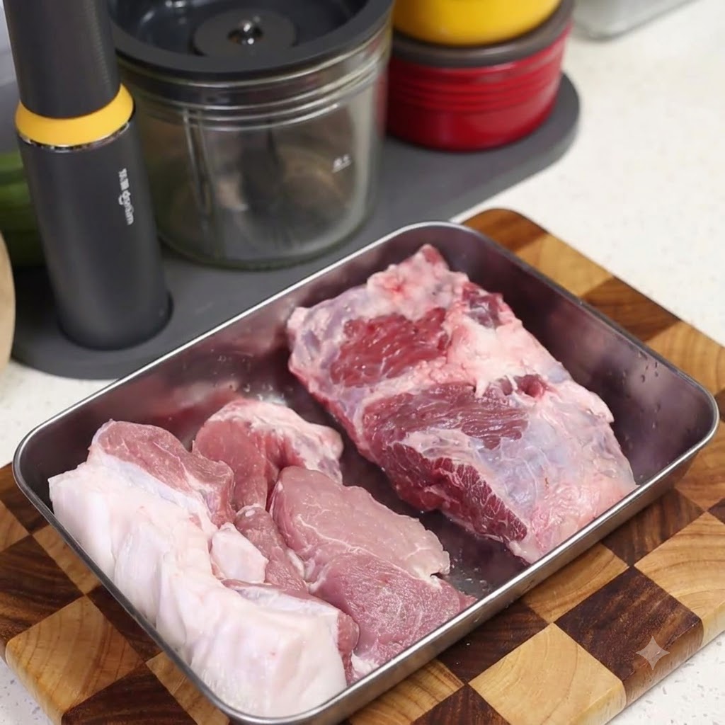 도마 위에서 주방 도구와 함께 놓인 돼지고기 덩어리들
