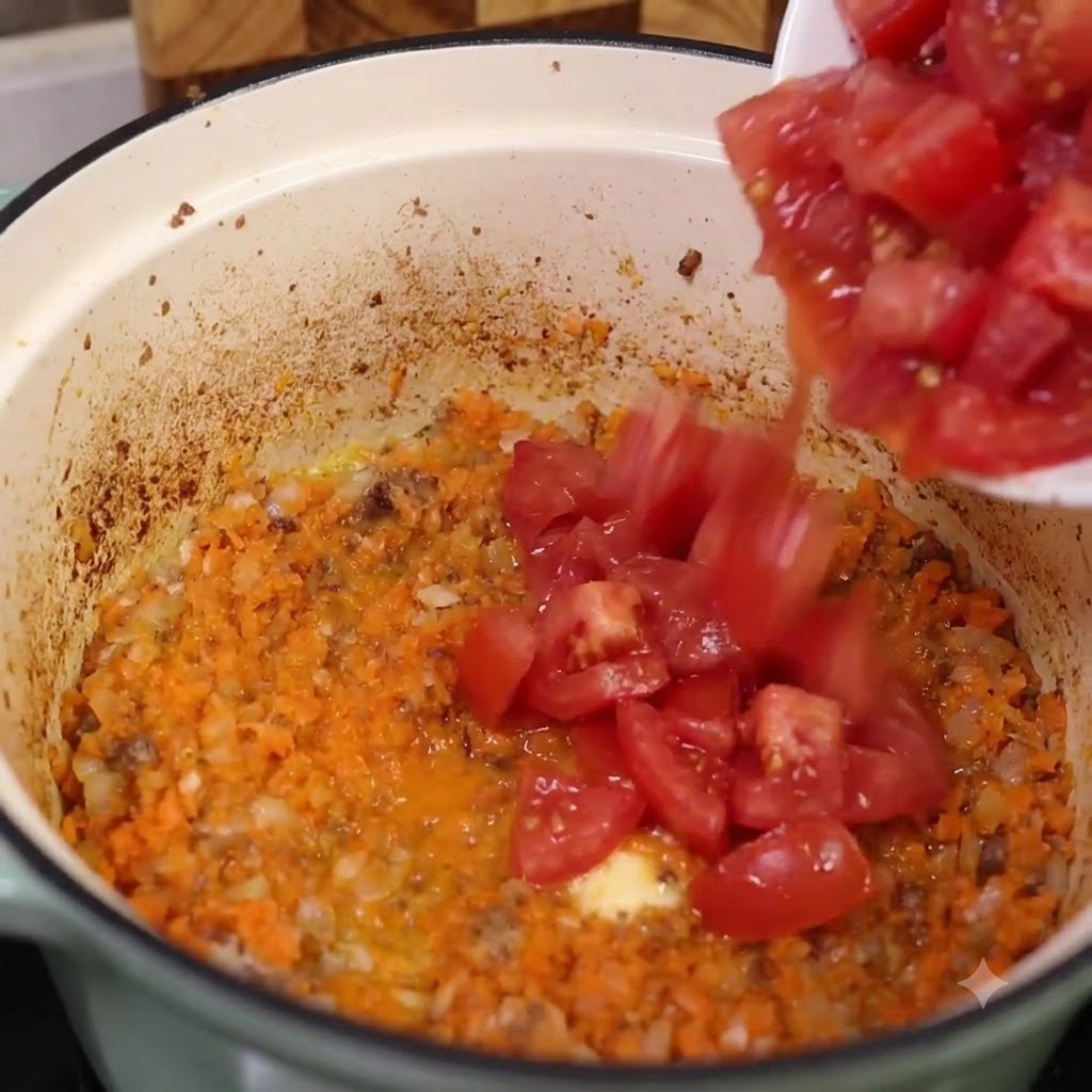 볶은 당근과 양파가 든 냄비에 신선한 토마토와 토마토 페이스트를 붓는 모습
