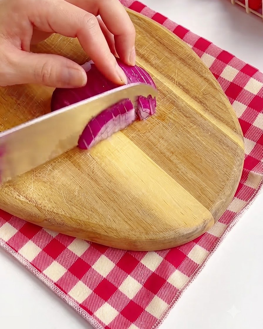 나무 도마 위에서 날카로운 칼로 보라색 적양파를 다지는 손.