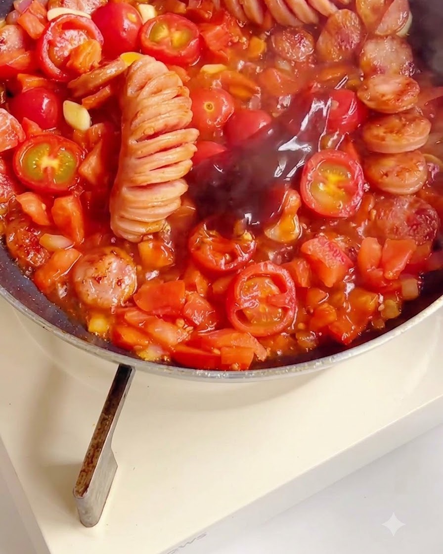 다진 토마토와 소시지가 끓고 있는 혼합물에 다크 리퀴드 시조닝이 부어지고 있는 모습.