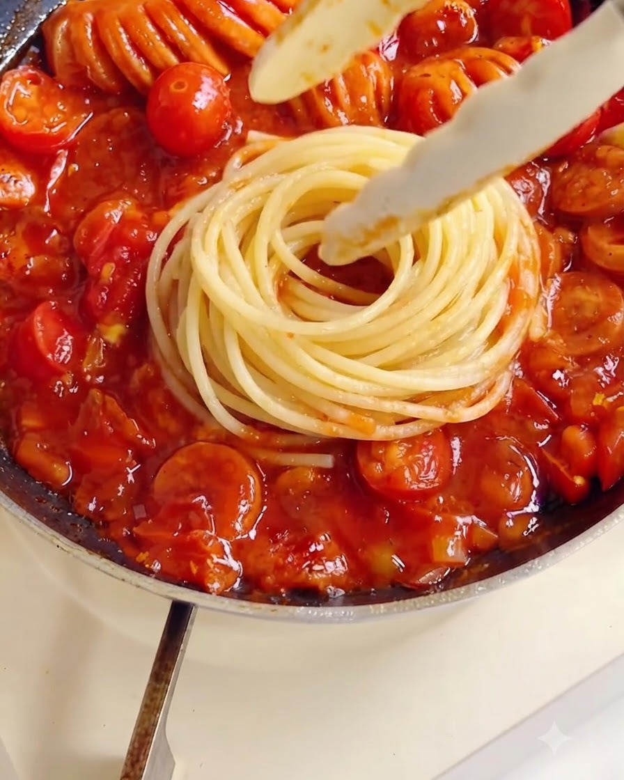 걸쭉한 토마토 소스 위 팬 중앙에 가지런히 놓인 삶은 스파게티 둥지 모양.