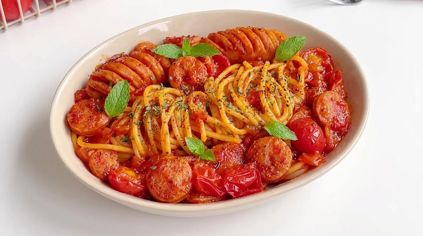 풍부한 토마토 소시지 파스타