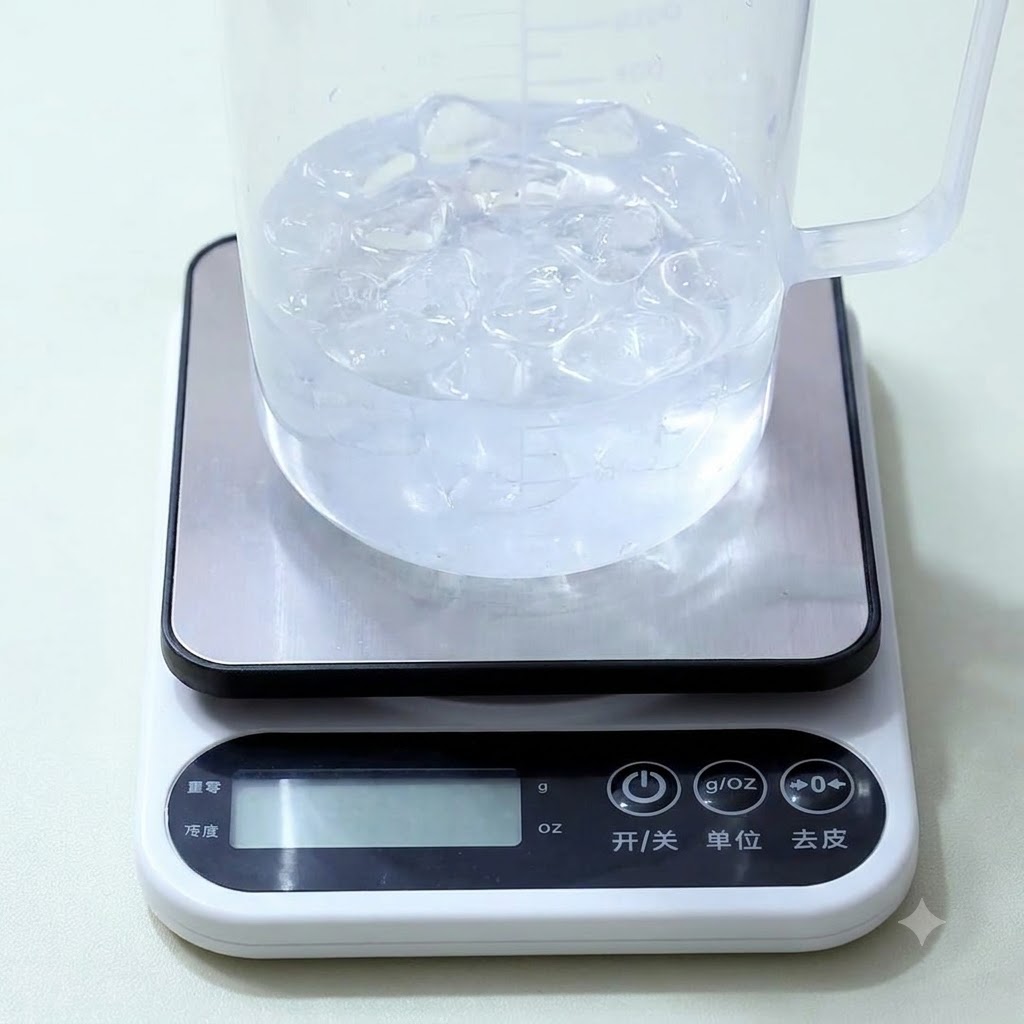 얼음 조각이 담긴 물이 채워진 투명한 플라스틱 계량 피처가 흰색 디지털 주방 저울 위에 놓여 있는 모습.