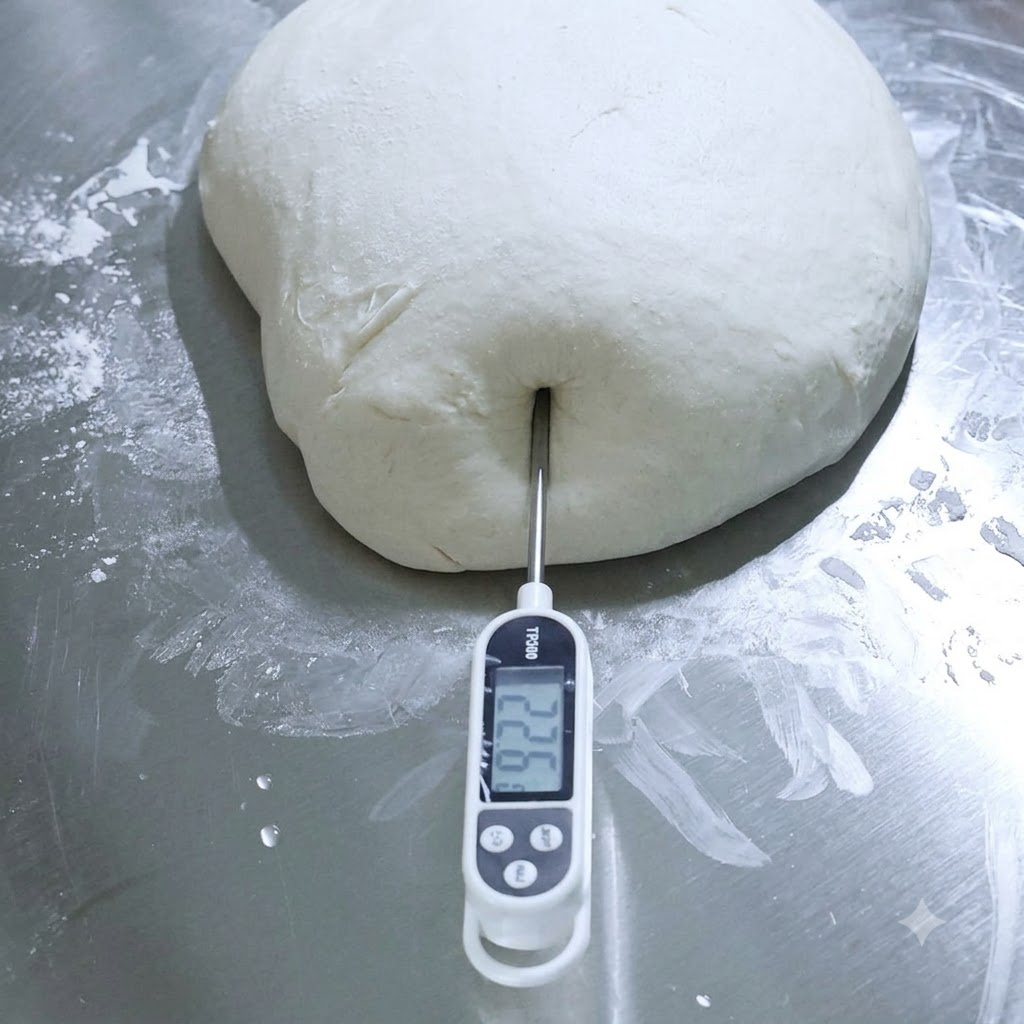 금속 표면 위에 놓인 커다란 하얀색 피자 반죽 덩어리 중앙에 디지털 음식 온도계가 꽂혀 있는 모습.