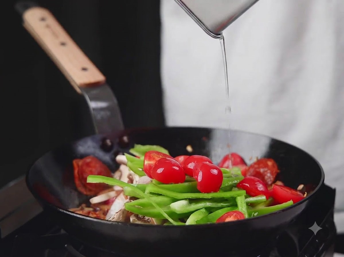 피망, 방울토마토, 버섯을 팬에 추가하고 있는 모습.