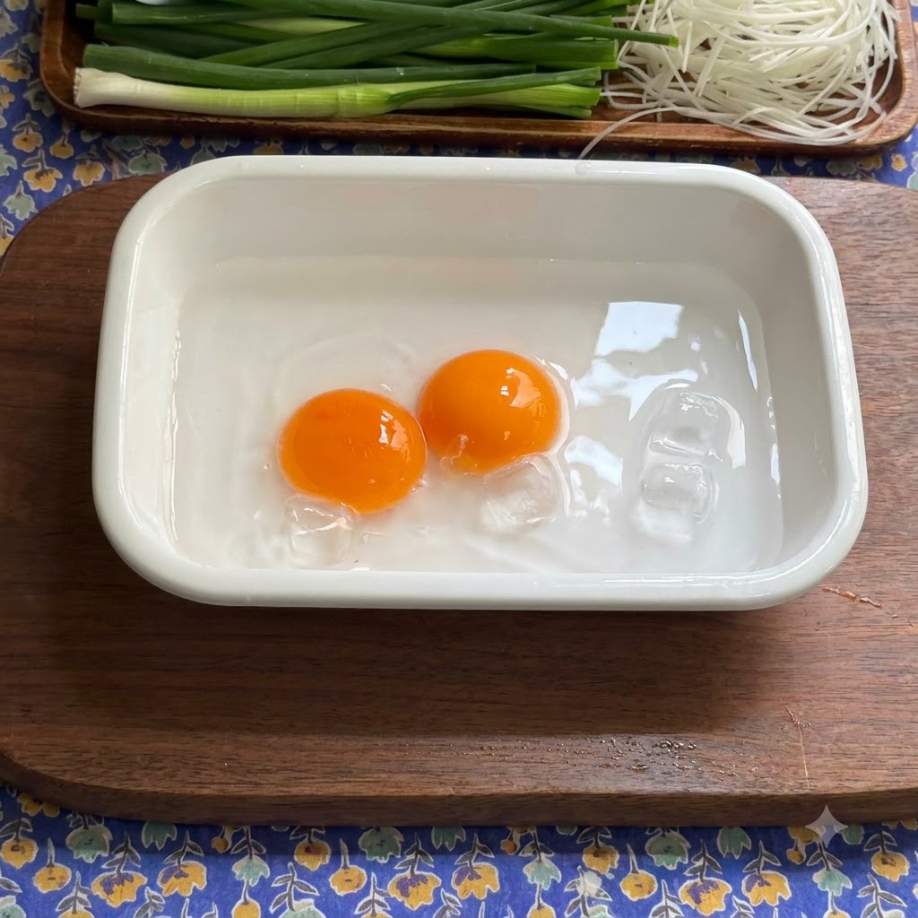 나무 식탁 위 흰색 도자기 트레이 안 얼음물에 떠 있는 두 개의 달걀노른자.