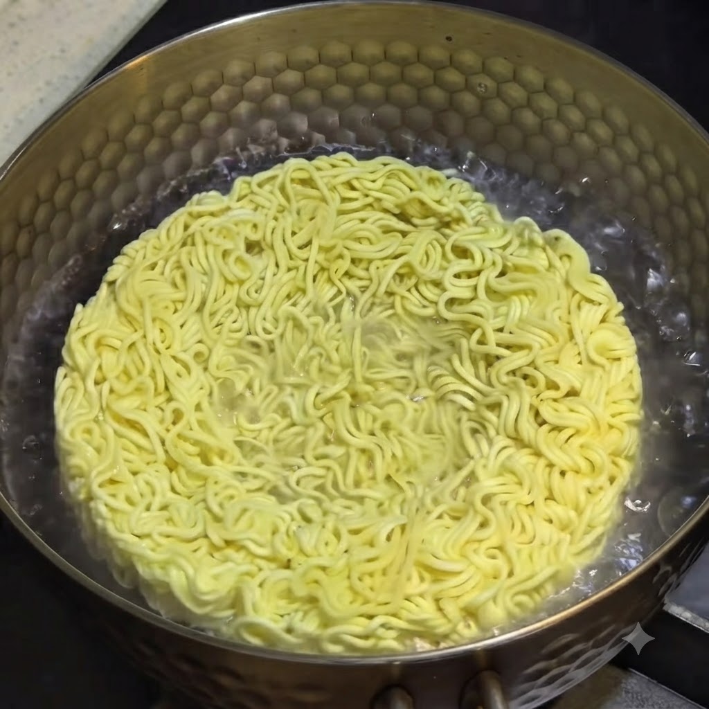 끓는 물이 담긴 냄비에 동그란 꼬불꼬불한 인스턴트 라면을 넣은 모습.