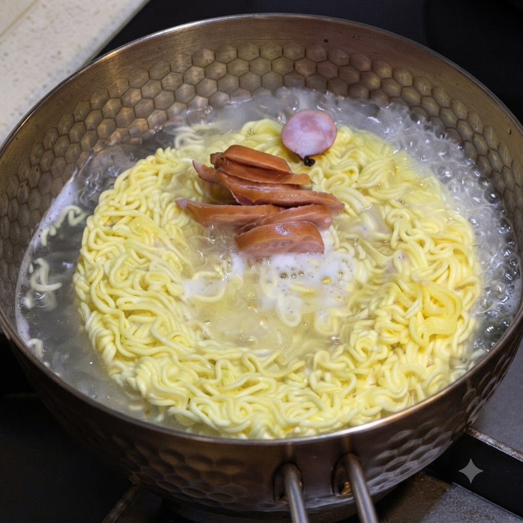 끓는 라면 냄비에 얇게 썬 소시지와 동그란 어묵을 넣고 끓이는 모습.