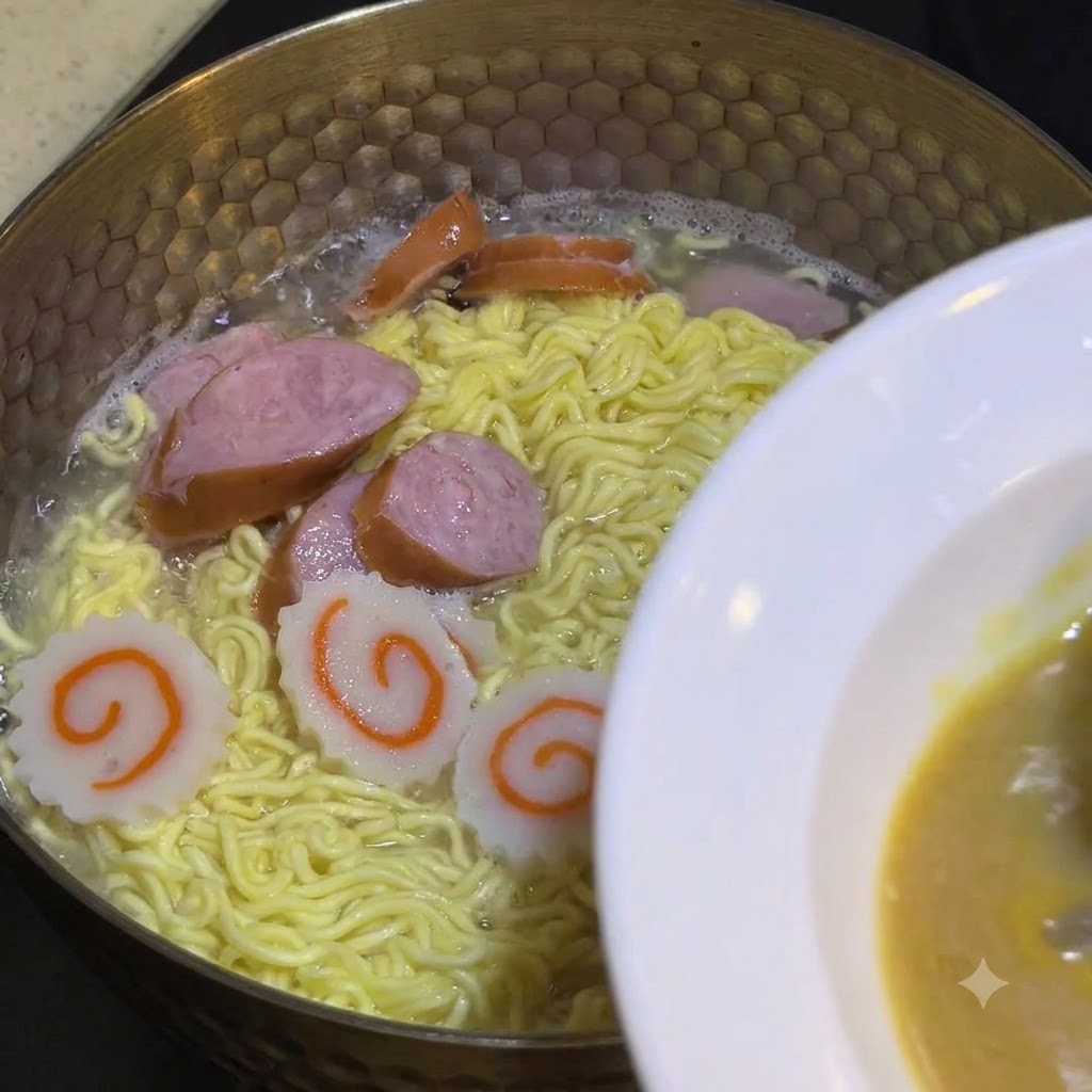 국자로 끓고 있는 냄비의 뜨거운 국물을 퍼서 소스가 담긴 하얀 그릇에 붓는 모습.