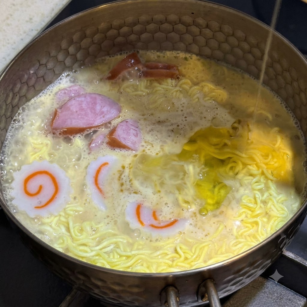 뜨거운 라면 냄비에 계란 흰자를 얇은 줄기로 흘려 넣는 모습.