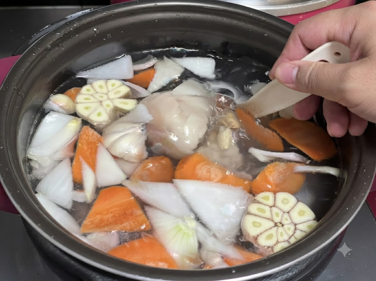 압력솥 냄비에 잠겨 있는 돼지 뼈, 닭발, 채소들.