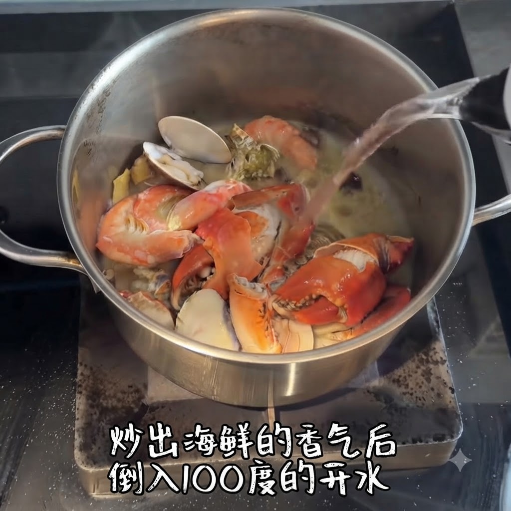 주전자에서 볶아진 해산물이 담긴 냄비로 끓는 물이 부어지는 모습.