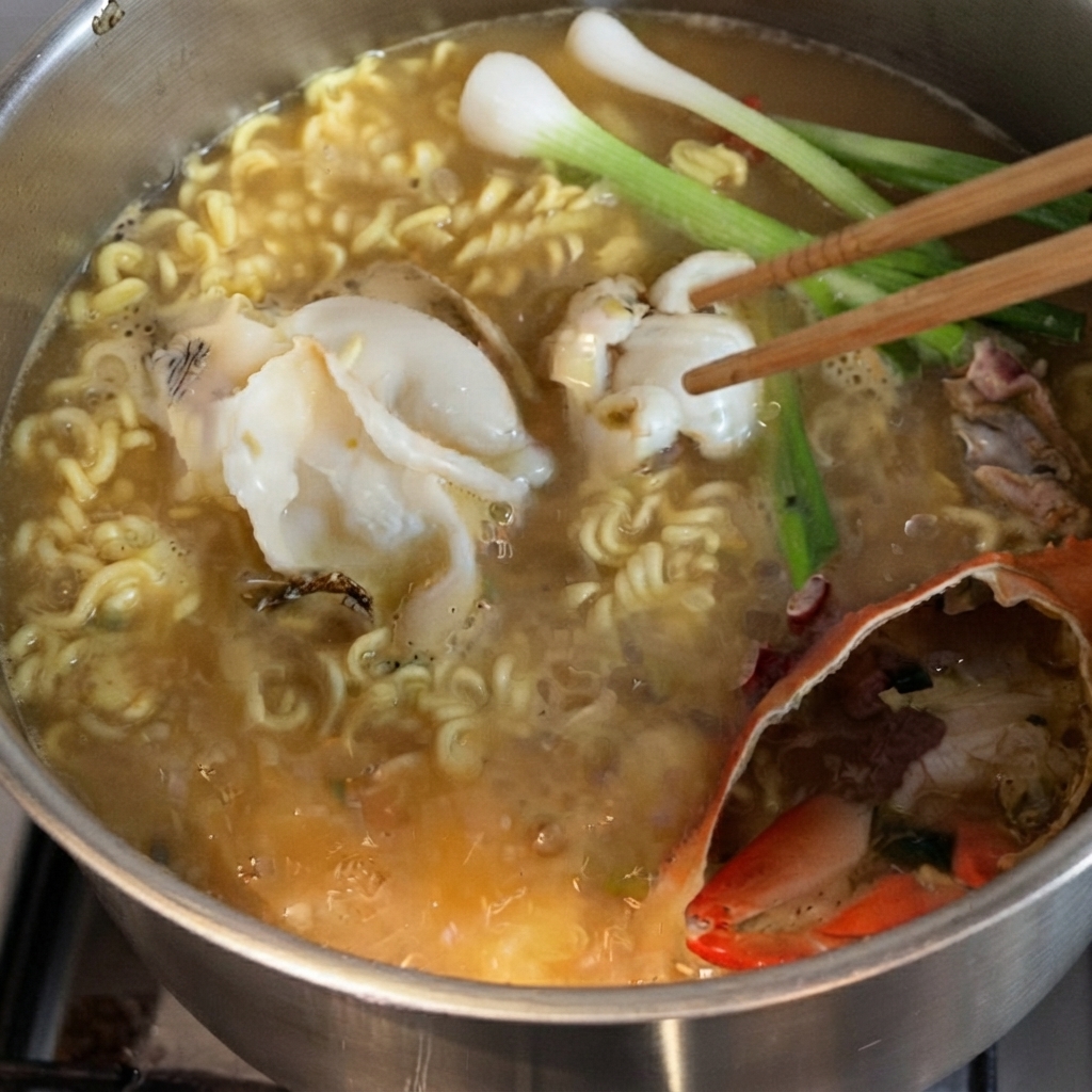 끓는 면 요리에 대파, 썰어둔 전복, 소고기를 넣고 젓가락으로 섞는 모습.