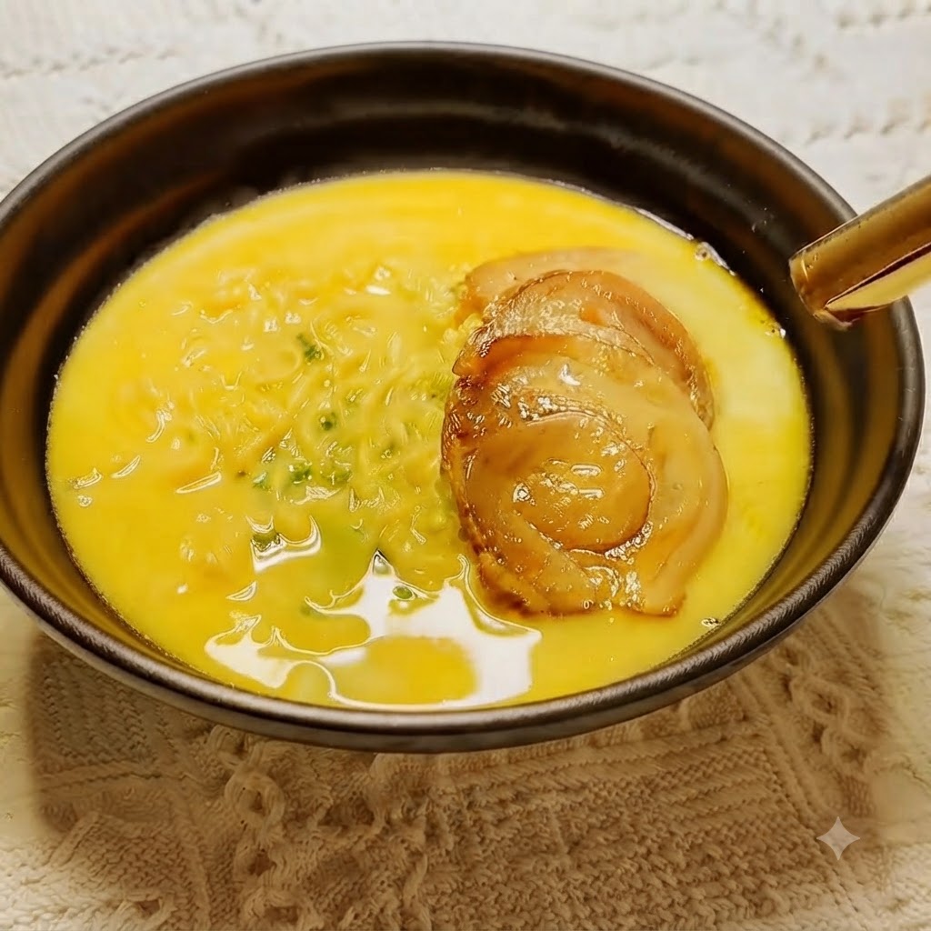 라멘 그릇에 담긴 차슈를 요리용 토치로 그을려 굽는 모습.