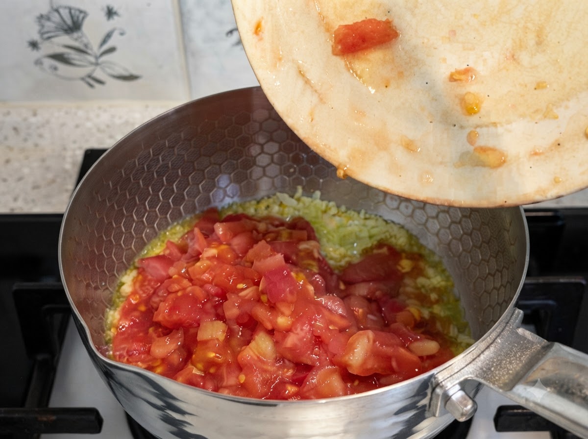 토마토가 볶아진 냄비에 소스와 정수된 물을 붓는 모습.