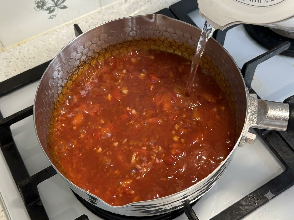끓어오르는 토마토 국물에 우동 면, 채소, 새우완자, 소고기가 함께 더해지는 모습.