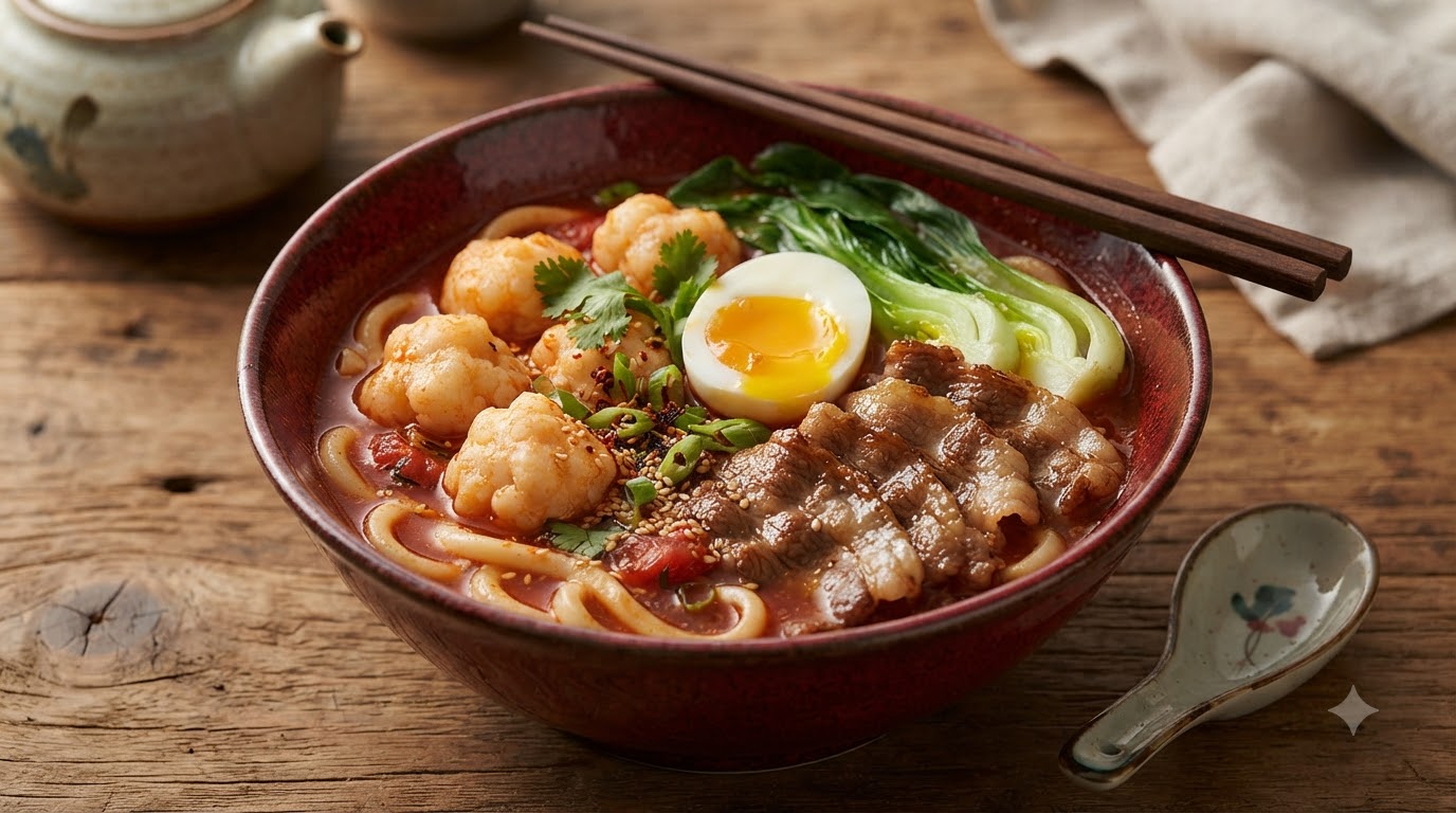 토마토 소고기 우동과 수제 새우완자