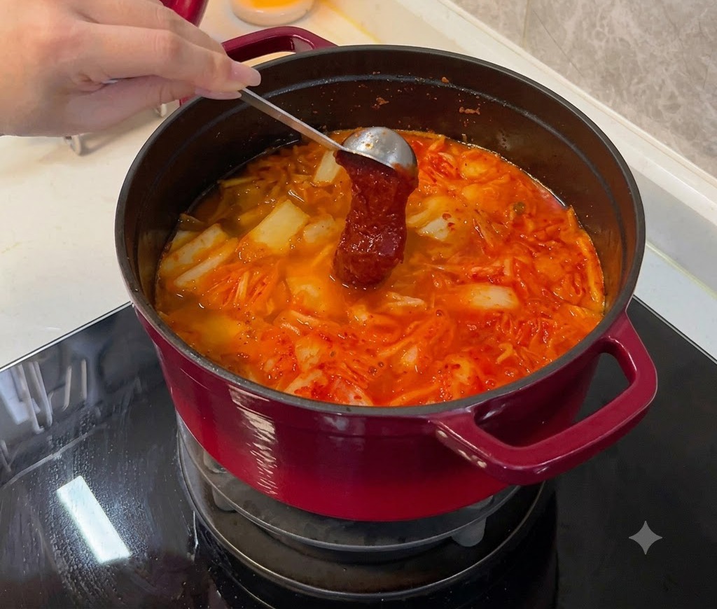 숟가락에 듬뿍 뜬 붉은 고추장을 바글바글 끓는 김치찌개 냄비 속으로 넣고 있는 모습