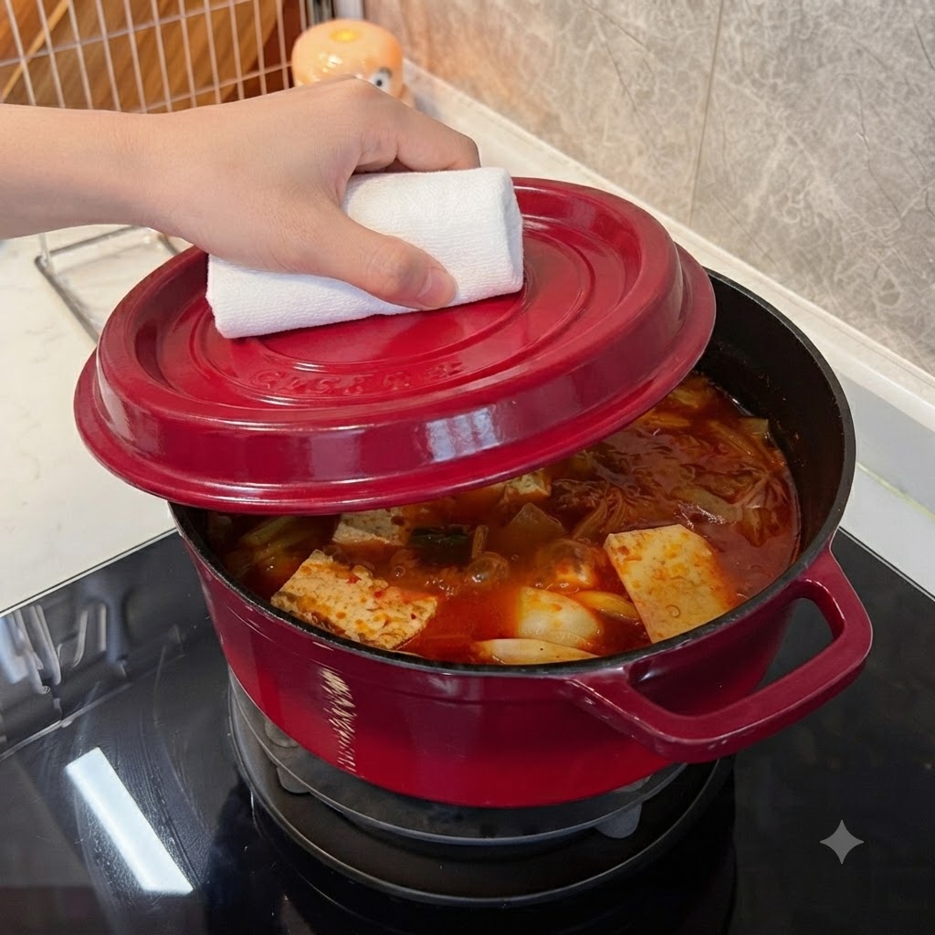 하얀 행주로 손을 감싸 쥐고 찌개가 담긴 붉은 냄비에 뚜껑을 다시 닫고 있는 손