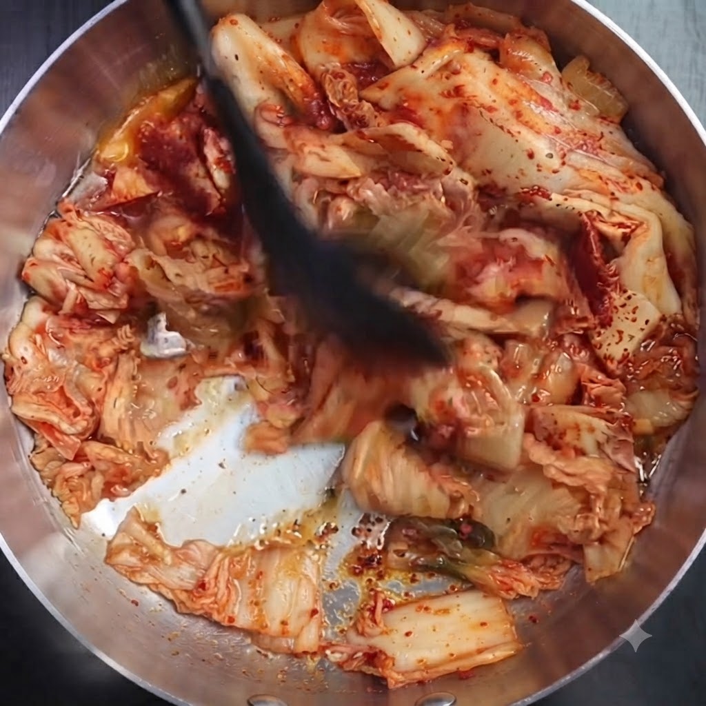 냄비에서 김치와 고춧가루를 골고루 볶는 모습.