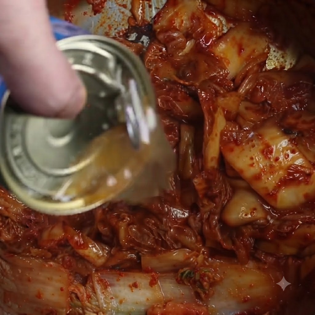 볶은 김치에 꽁치 통조림 국물을 붓는 모습.