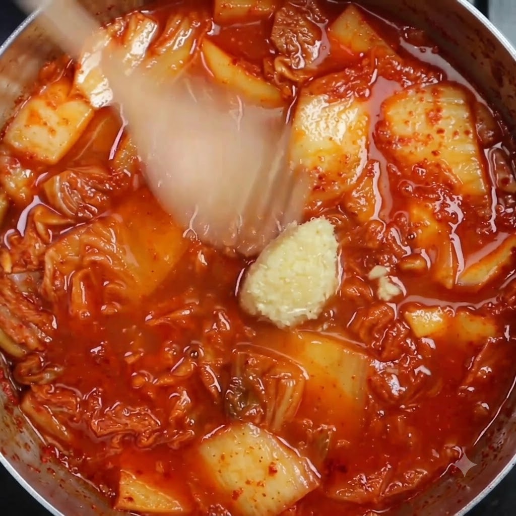 붉은 김치 국물에 다진 마늘과 양념을 넣는 모습.
