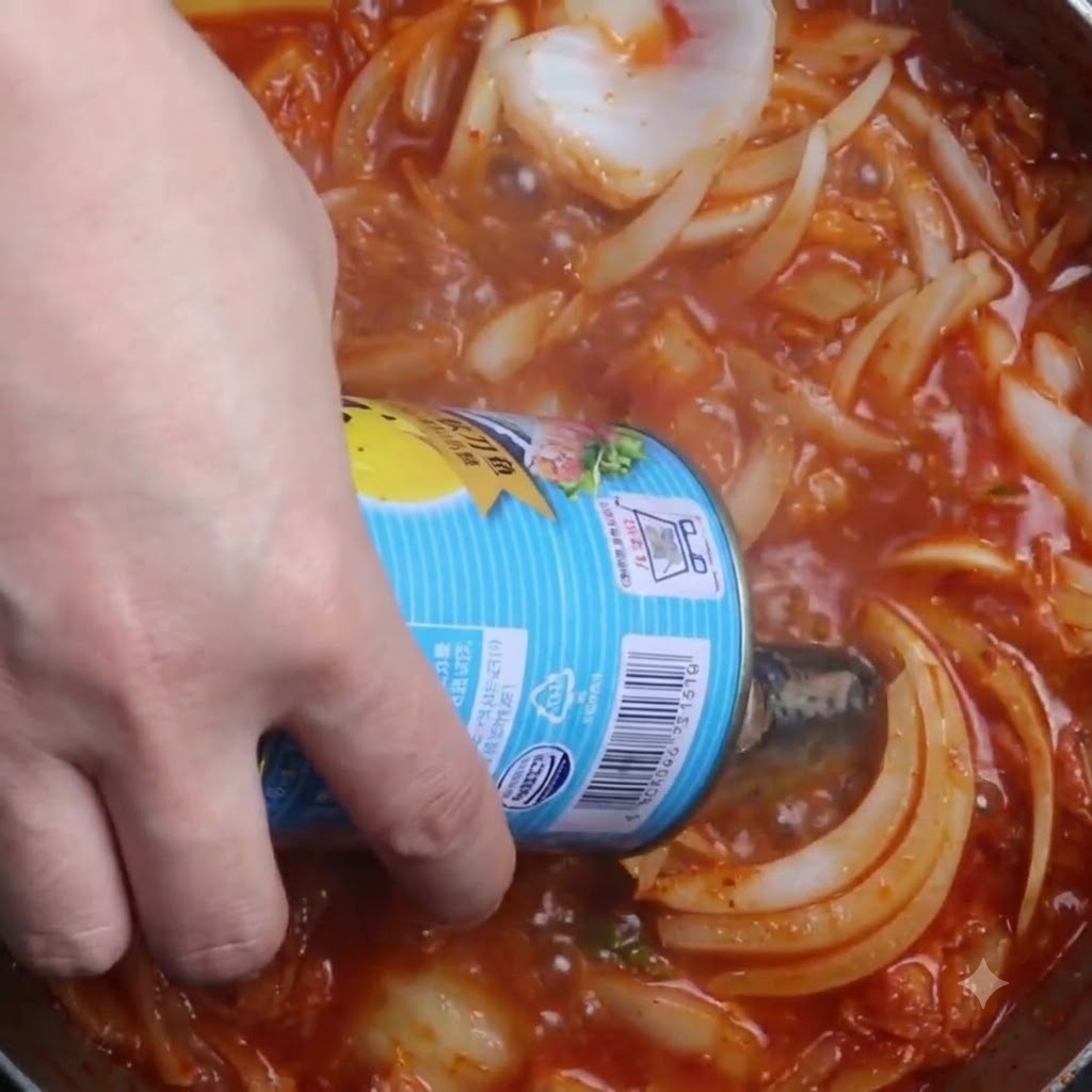 끓는 냄비에 통조림 꽁치를 넣는 모습.