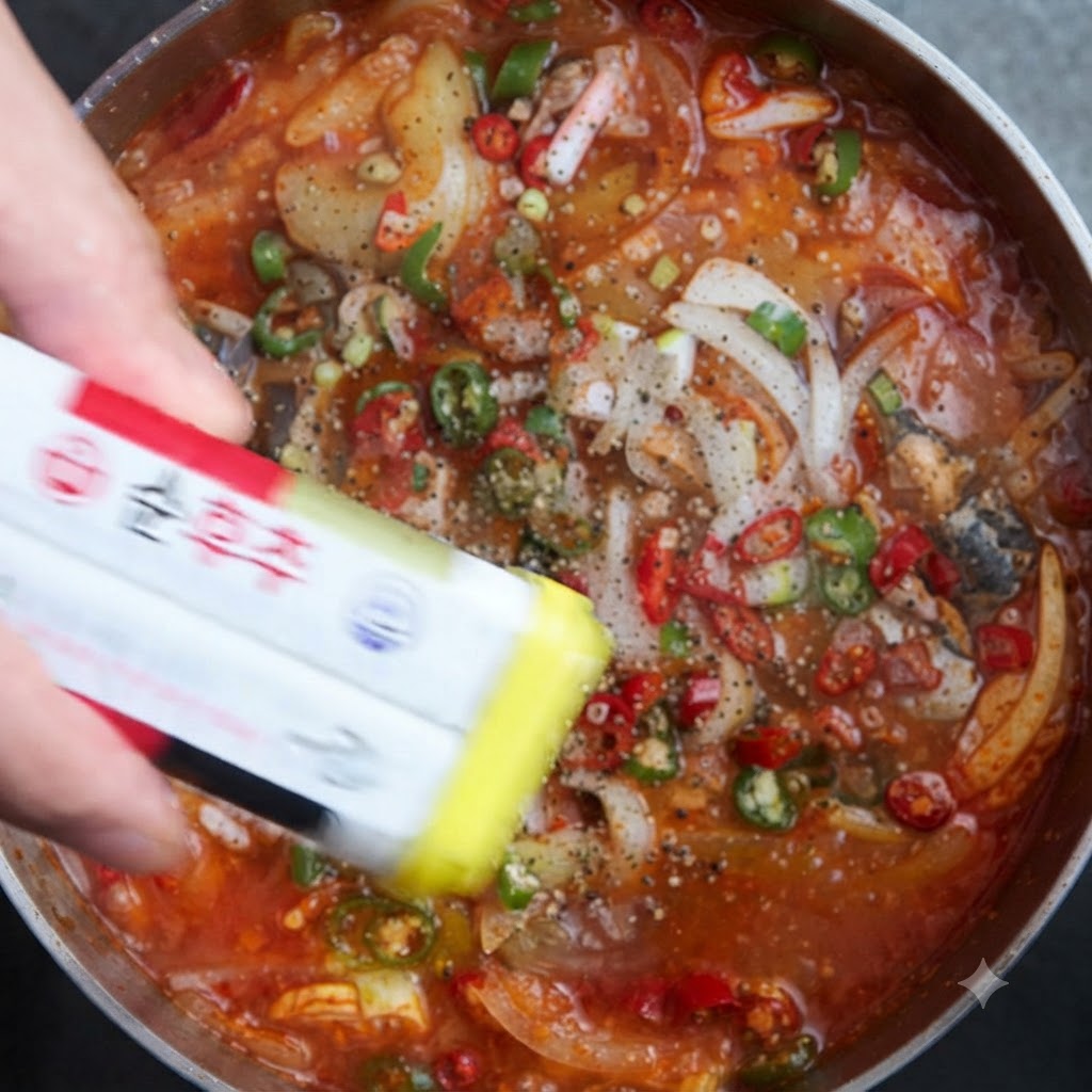 완성된 꽁치김치찜 위에 후춧가루를 톡톡 뿌리는 모습.